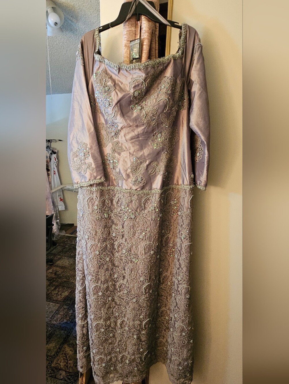 Lavender Beaded Long-Sleeve Evening Dress
